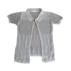Tan Open Knit Pointelle Short Sleeve Button Collar Cardigan M preppy cottge boho